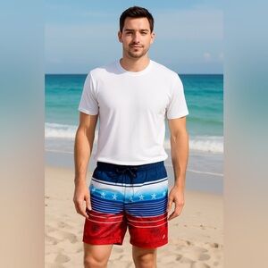 ZeroXposur Men’s Swim Trunks Red White Blue Stars Size L NWT